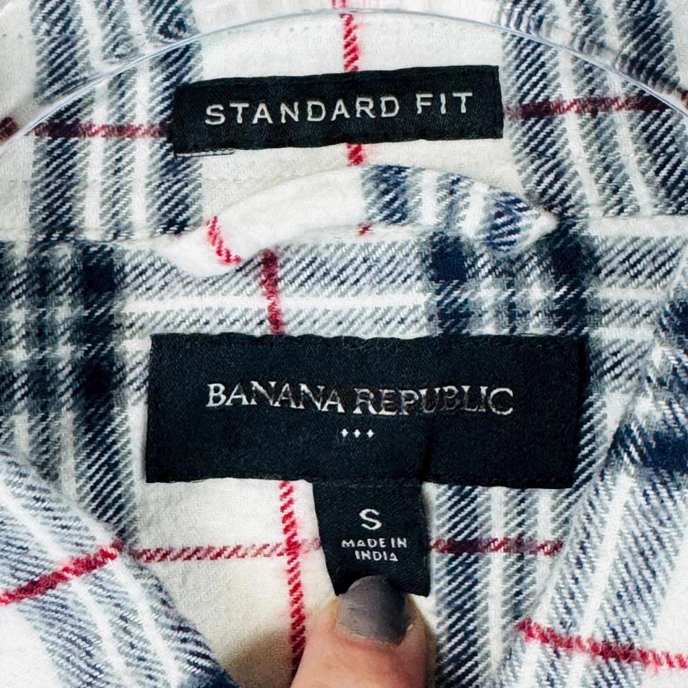 Banana Republic Mens S White Black Red‎ Plaid Flannel Shirt Standard Long Sleeve